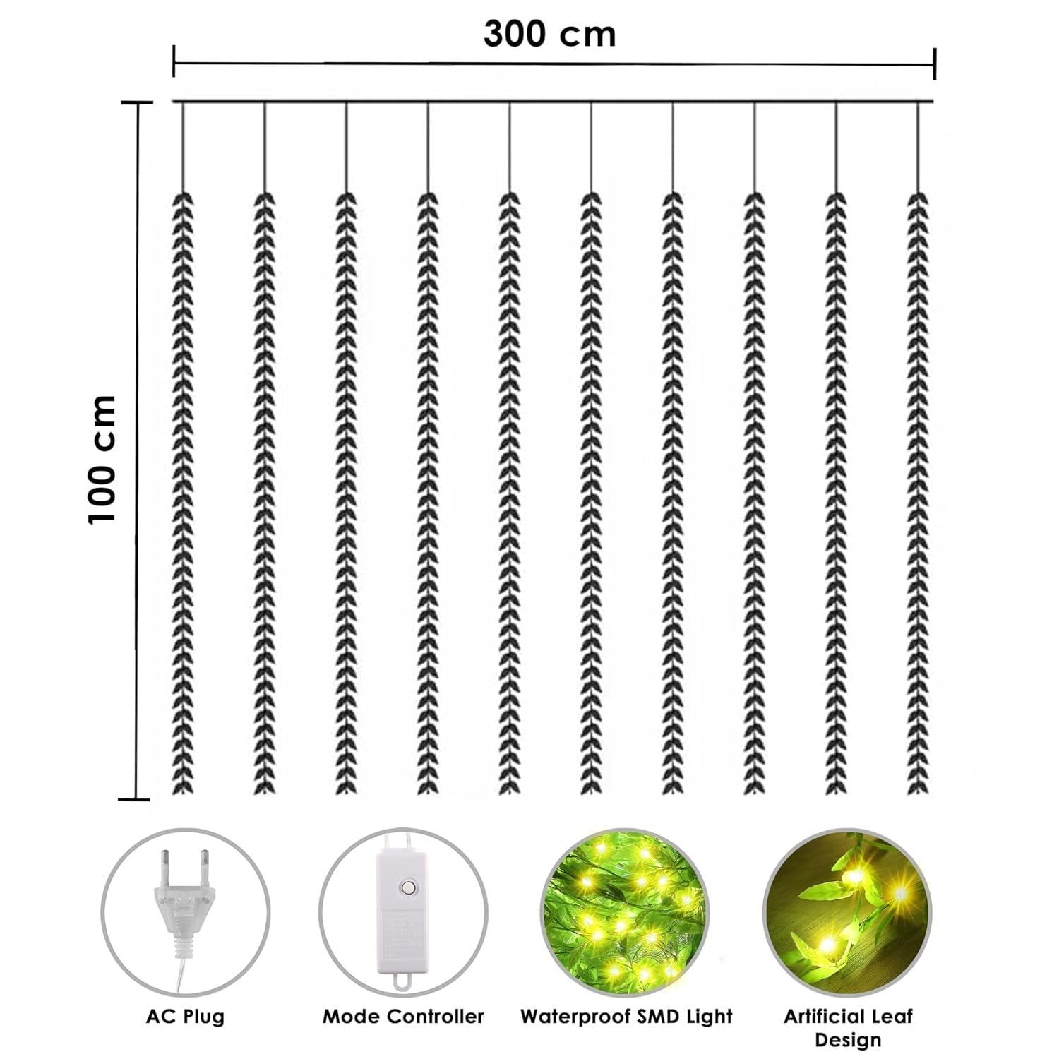 FLYNGO Artificial Leaf Curtain LED String Light, 200 LEDs, 8 Modes, Adjustable Brightness, Lights for Diwali Decoration, Home, Bedroom, Wedding, Party, Festive Decor (Warm White) - Image 3