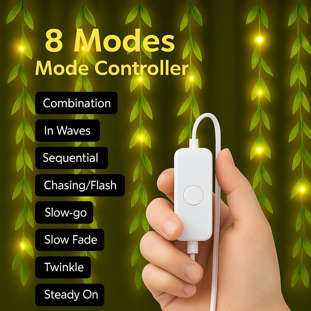 FLYNGO Artificial Leaf Curtain LED String Light, 200 LEDs, 8 Modes, Adjustable Brightness, Lights for Diwali Decoration, Home, Bedroom, Wedding, Party, Festive Decor (Warm White) - Image 2