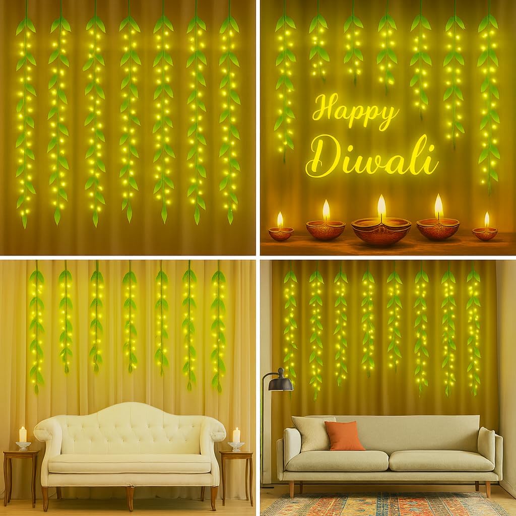 FLYNGO Artificial Leaf Curtain LED String Light, 200 LEDs, 8 Modes, Adjustable Brightness, Lights for Diwali Decoration, Home, Bedroom, Wedding, Party, Festive Decor (Warm White) - Image 7