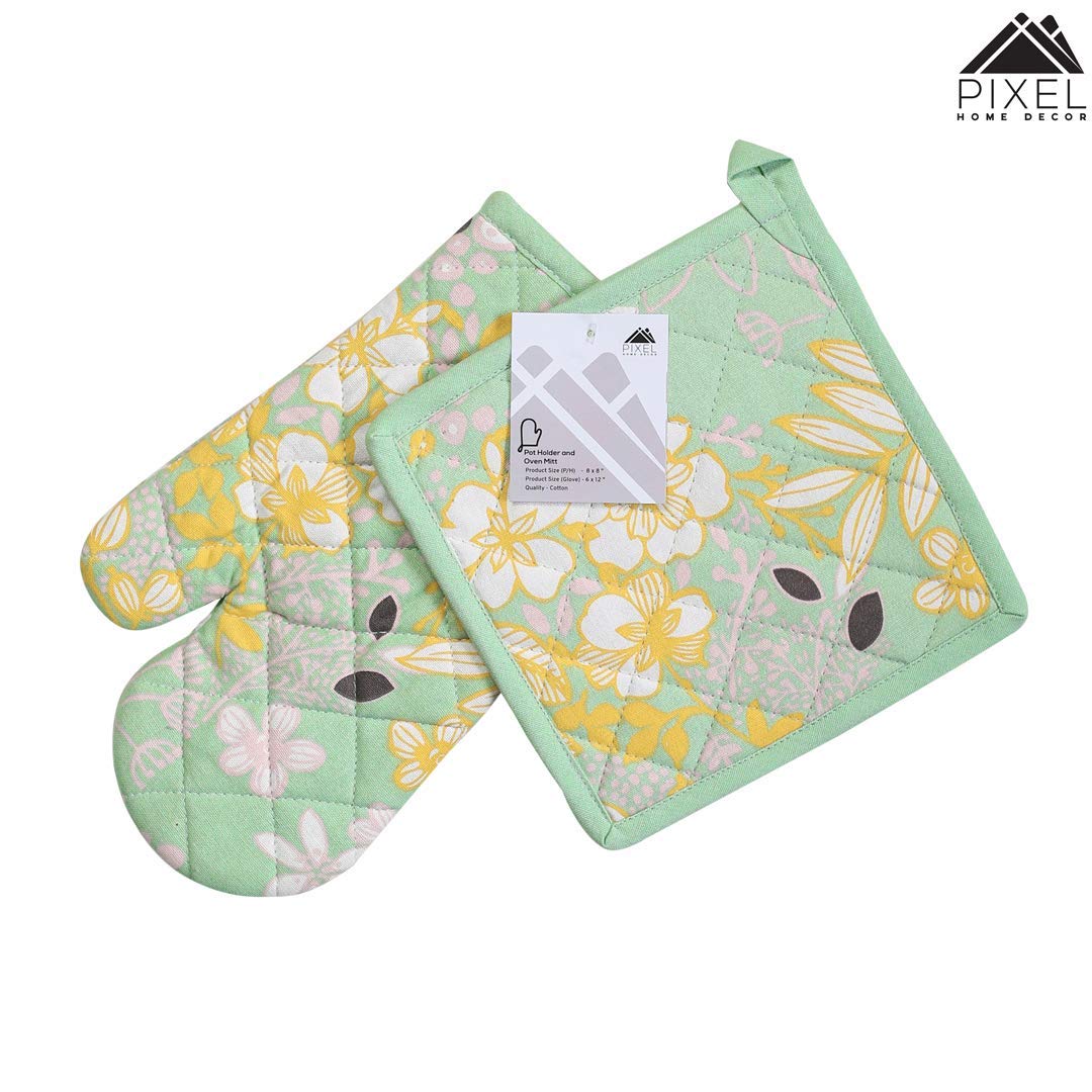 Pixel Home Organic Cotton Flower Print Oven Mitt and Pot Holder (Green Flower GPH) - Image 7