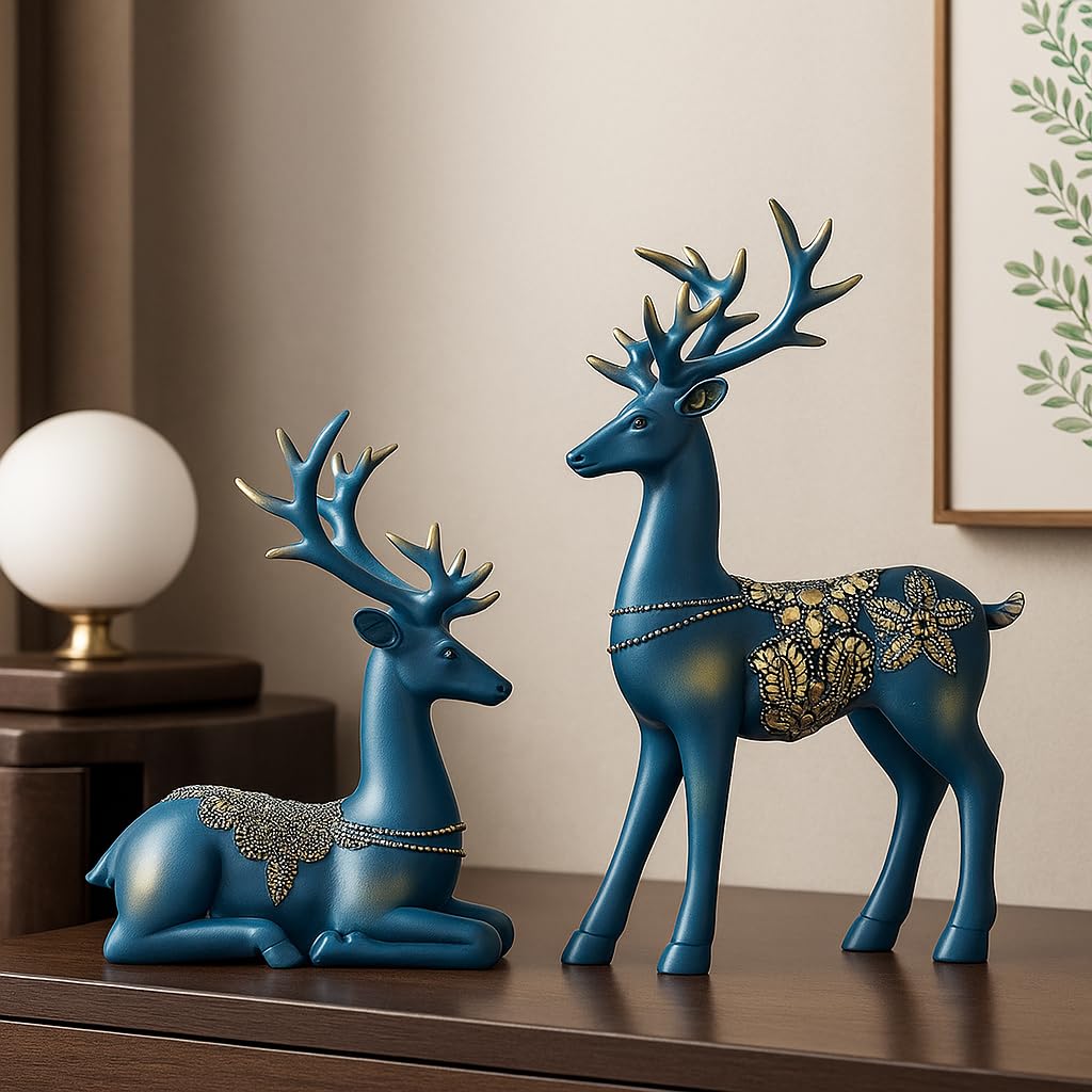 Xtore Creative Resin Golden Reindeer Sculptures | Beautiful Home Decor | Lifts up Energy of Your Room - (Pack of 2, Blue) - Image 9