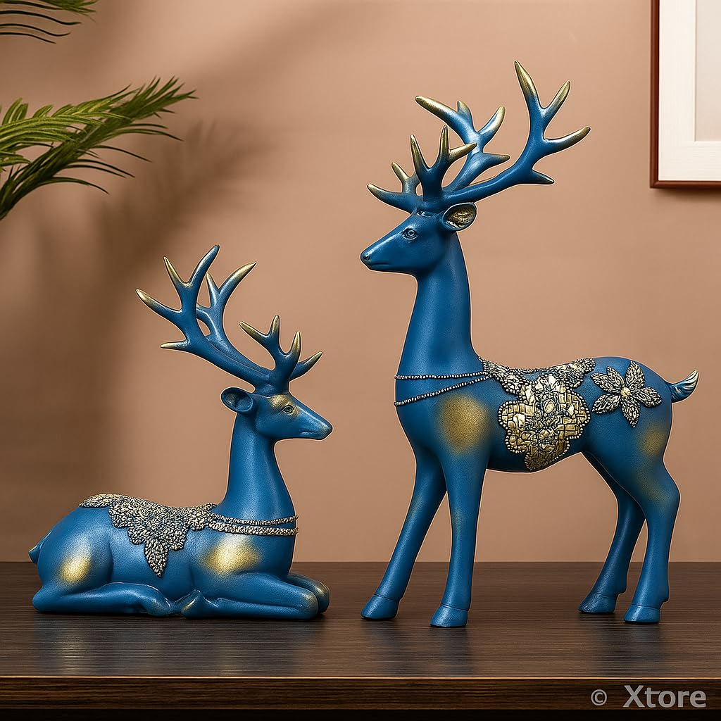 Xtore Creative Resin Golden Reindeer Sculptures | Beautiful Home Decor | Lifts up Energy of Your Room - (Pack of 2, Blue) - Image 3