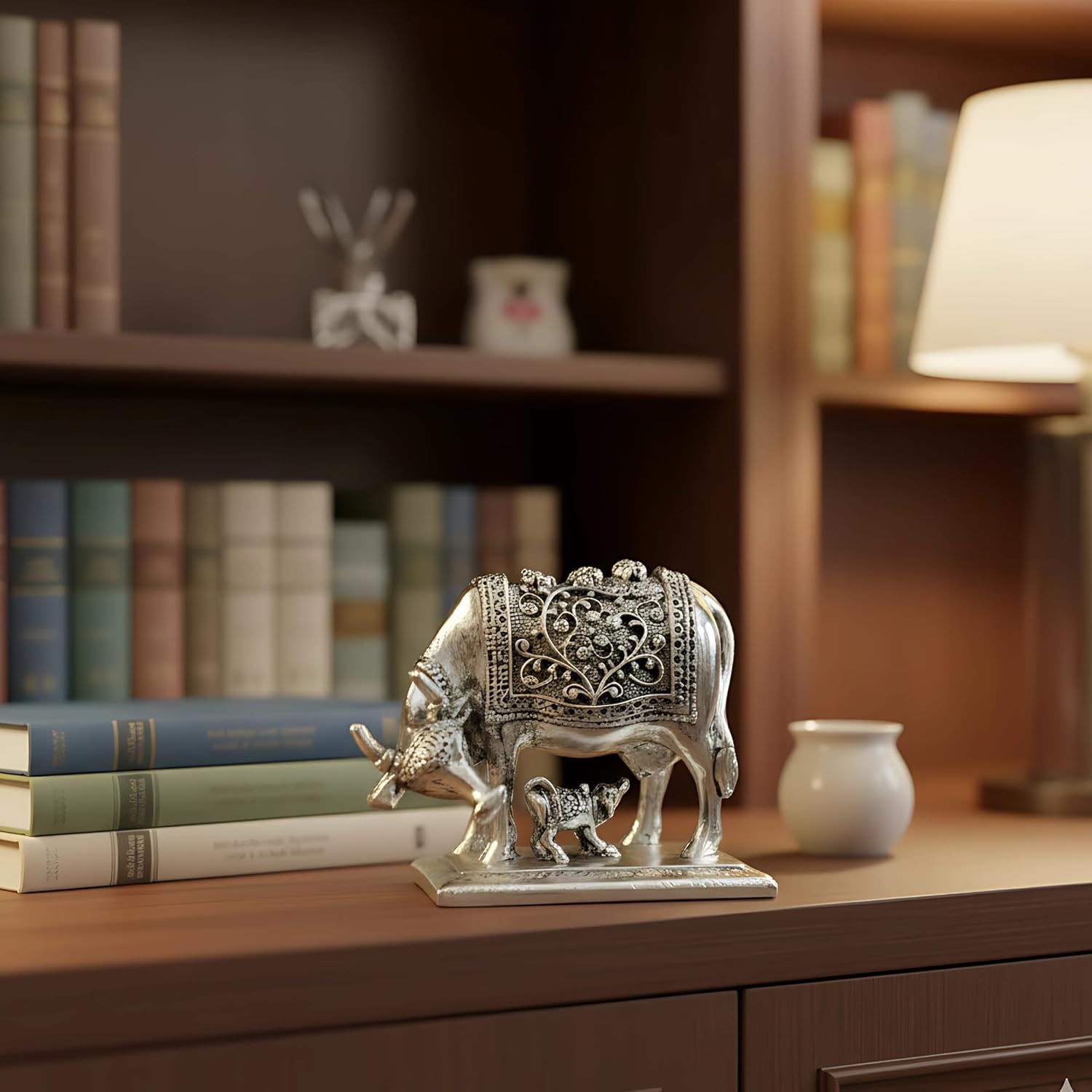 999 Pure Silver Plated Kamdhenu Cow Idol | 4 Inch Vastu Home Decor | Symbol of Prosperity & Abundance | Auspicious Religious Gift for Pooja Room & Mandir - Image 7