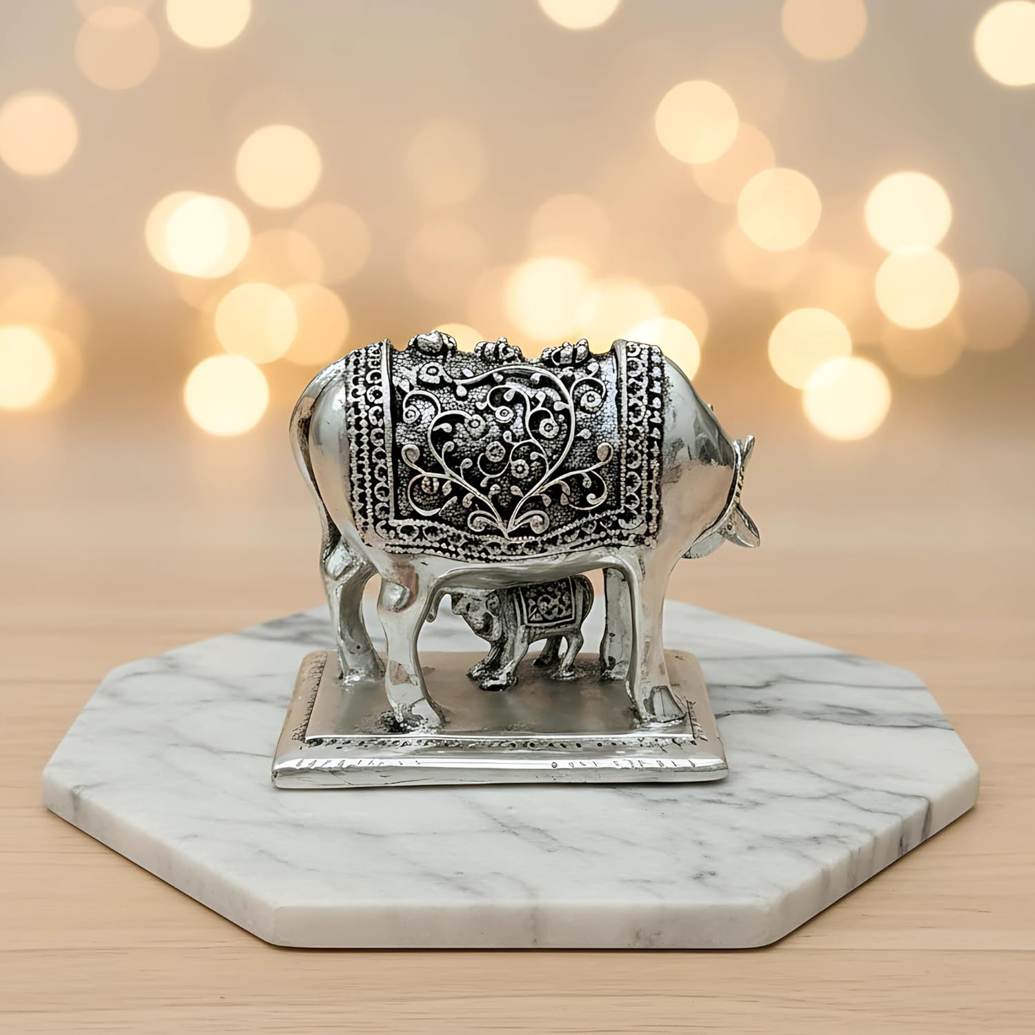 999 Pure Silver Plated Kamdhenu Cow Idol | 4 Inch Vastu Home Decor | Symbol of Prosperity & Abundance | Auspicious Religious Gift for Pooja Room & Mandir - Image 4