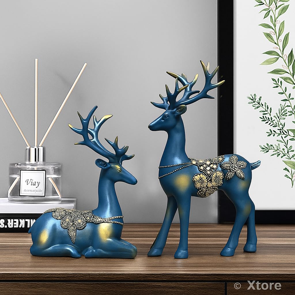Xtore Creative Resin Golden Reindeer Sculptures | Beautiful Home Decor | Lifts up Energy of Your Room - (Pack of 2, Blue) - Image 5