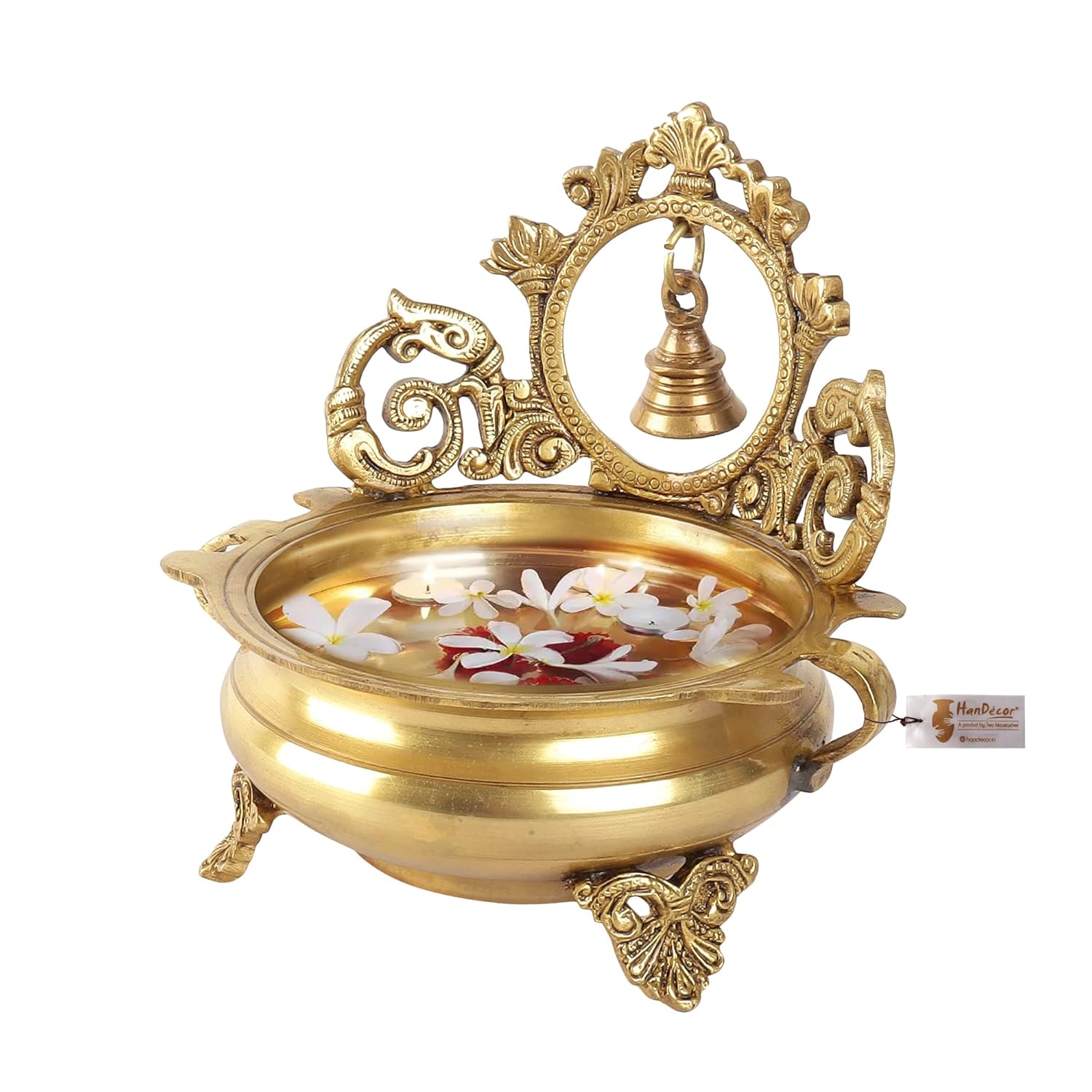 Two Moustaches Ethnic Indian Carved 7 Inches Brass Decor Urli Bowl with Bell, Brass Urli for Flowers, Urli Bowl for Home Decor, Brass Urli Decor Bowl, Weight - 1.6 Kg, Standard, Pack of 1 - Image 3