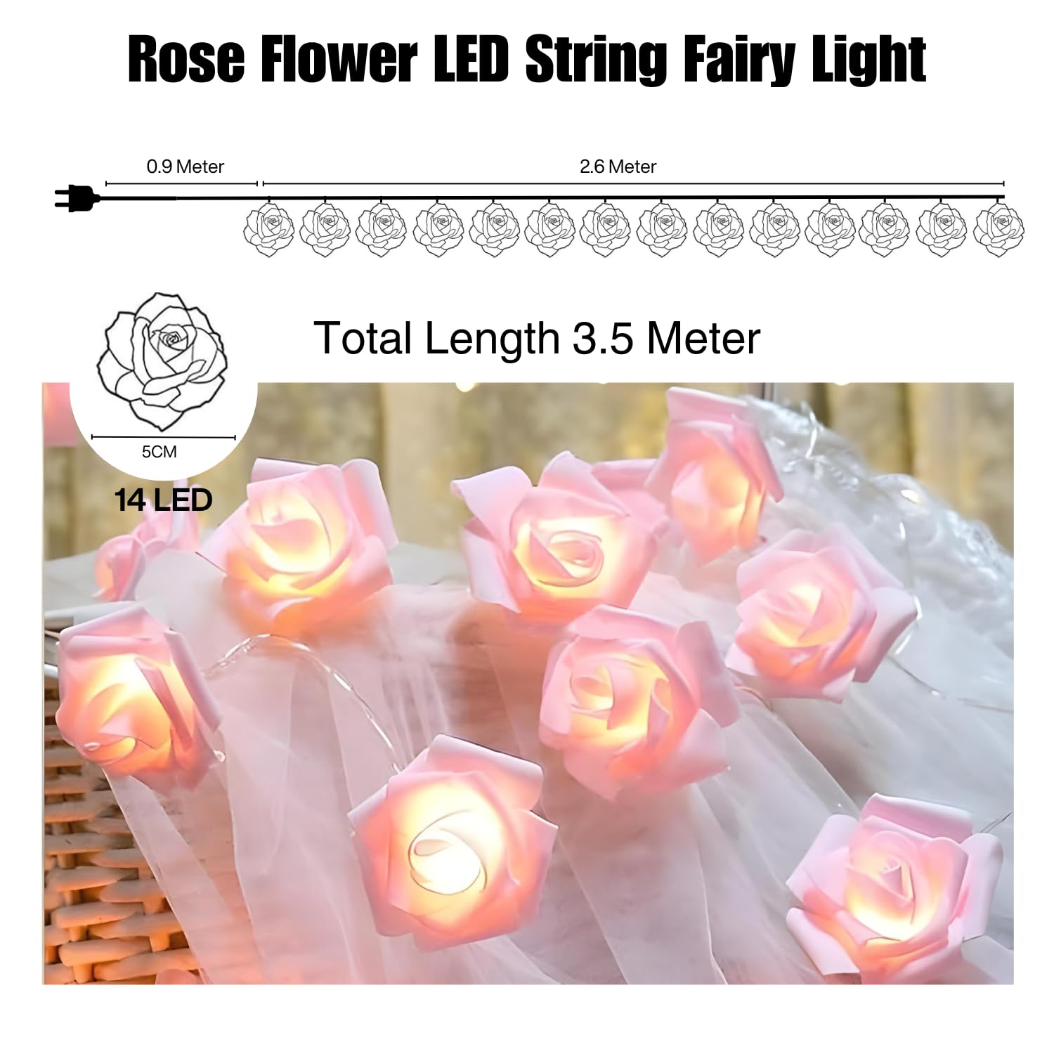 One94Store Rose Flower LED String Fairy Light – 14 LED 3-Meter Night Light for Home Decor, Bedroom & Indoor/Outdoor Use, Romantic Decor, Valentine Day Gift, Love Gift for Her, Couple Gift - Image 4