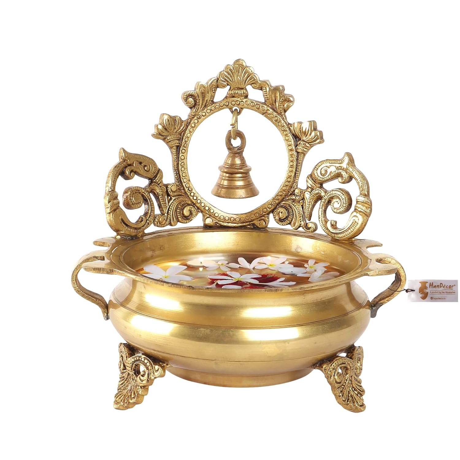 Two Moustaches Ethnic Indian Carved 7 Inches Brass Decor Urli Bowl with Bell, Brass Urli for Flowers, Urli Bowl for Home Decor, Brass Urli Decor Bowl, Weight - 1.6 Kg, Standard, Pack of 1 - Image 2