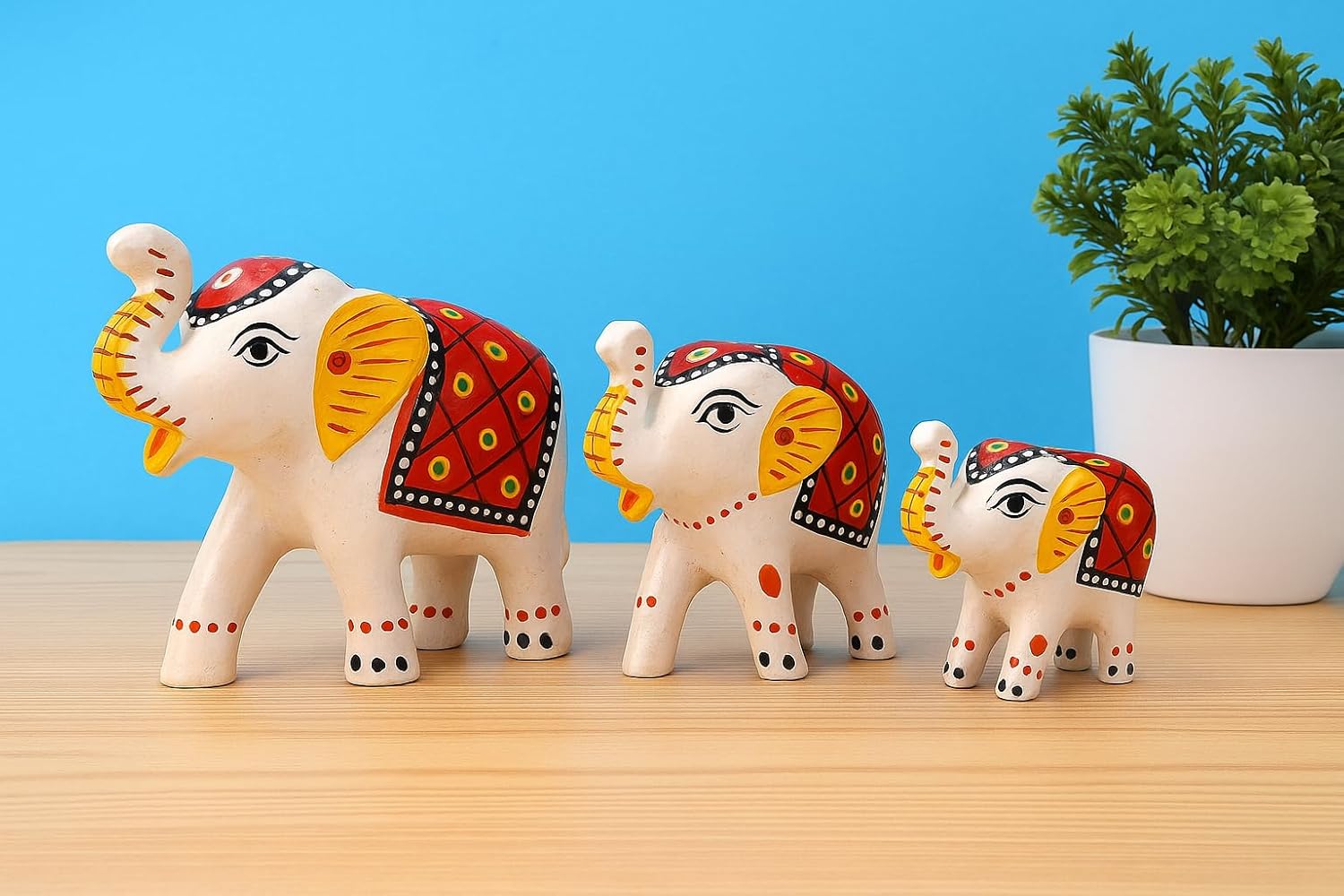DreamKraft Paper Mache Handcrafted Set of 3 Elephant Action Showpiece Idols for Home Decor and Gift Purpose(White) - Image 2