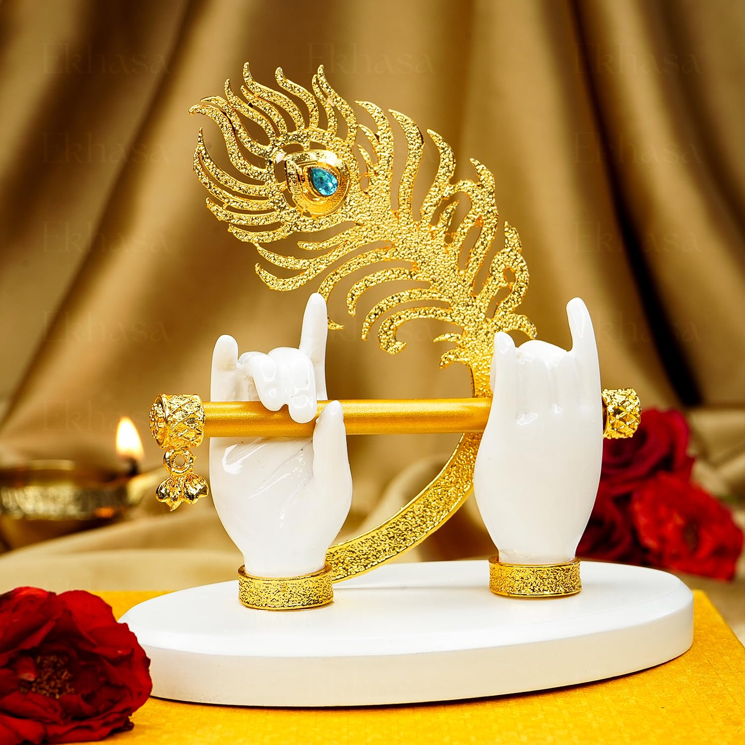 Ekhasa Lord Krishna Hands with Flute Idol (Small Size) | Krishnaji Divine Hands Idol with Flute and Peacock Feather | Krishna Statue for Car Dashboard & Griha Pravesh Gift - Image 2