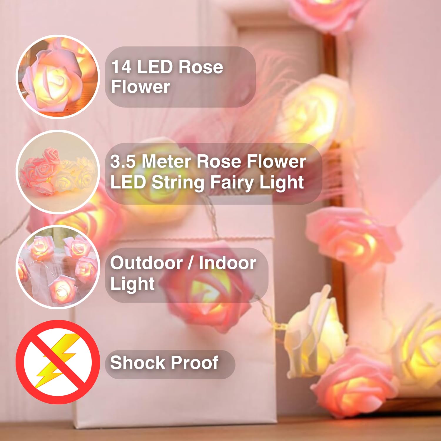 One94Store Rose Flower LED String Fairy Light – 14 LED 3-Meter Night Light for Home Decor, Bedroom & Indoor/Outdoor Use, Romantic Decor, Valentine Day Gift, Love Gift for Her, Couple Gift - Image 5