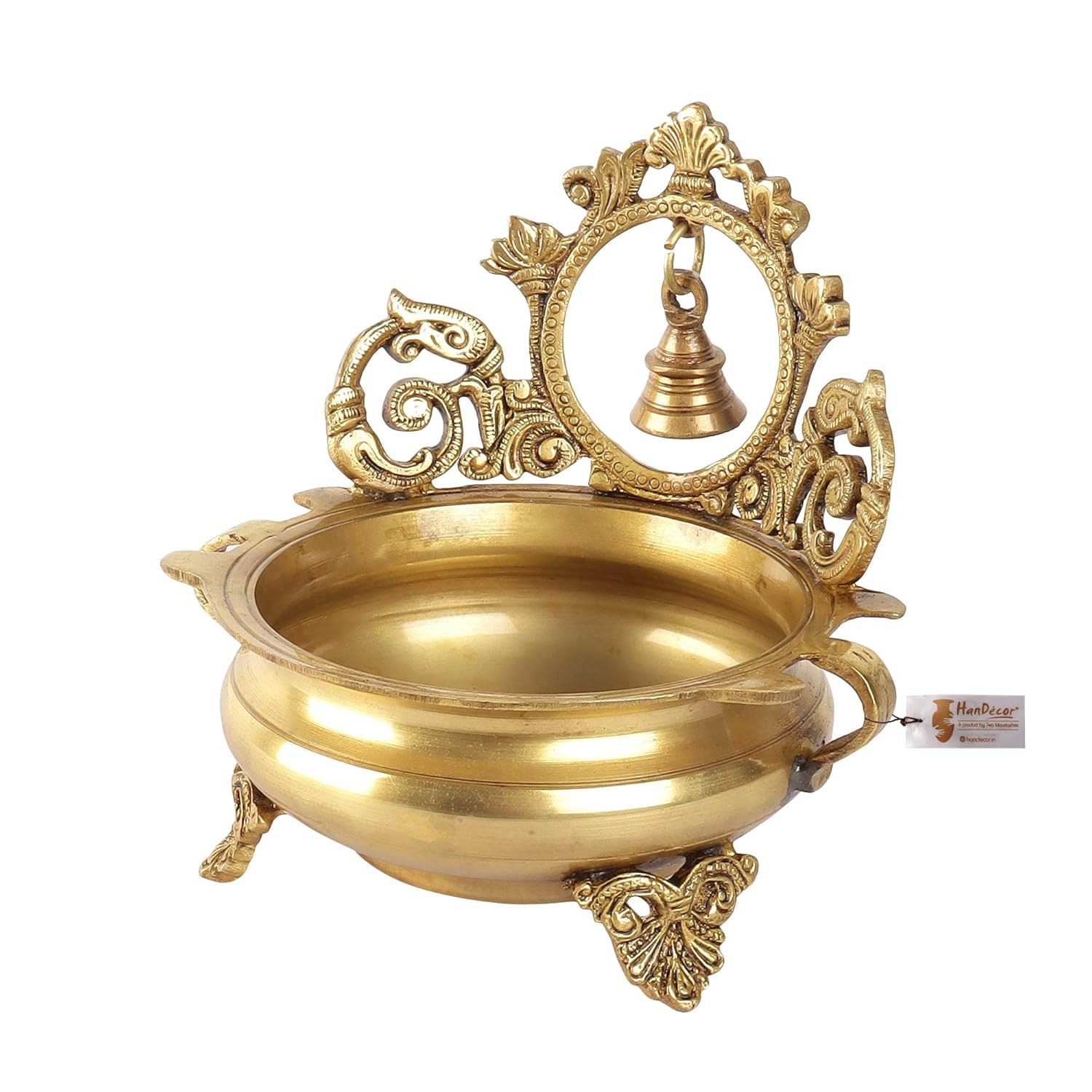 Two Moustaches Ethnic Indian Carved 7 Inches Brass Decor Urli Bowl with Bell, Brass Urli for Flowers, Urli Bowl for Home Decor, Brass Urli Decor Bowl, Weight - 1.6 Kg, Standard, Pack of 1 - Image 5