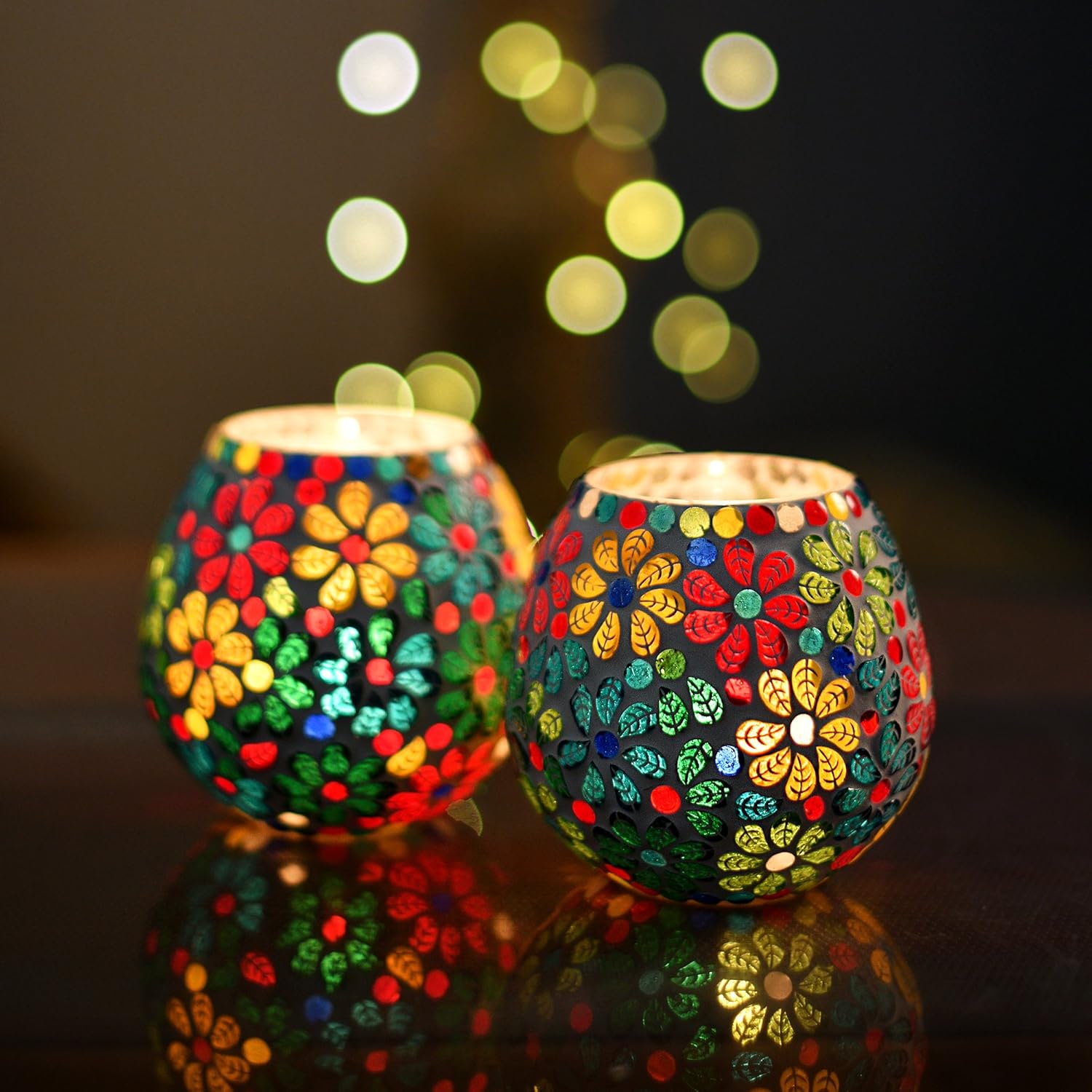 Homesake Tealight Candle Holders for Home Decor, Mosaic Glass, Flowers Diwali Decoration Items, Diwali Decoration Item for Home Decor | Pack of 2 - Image 2