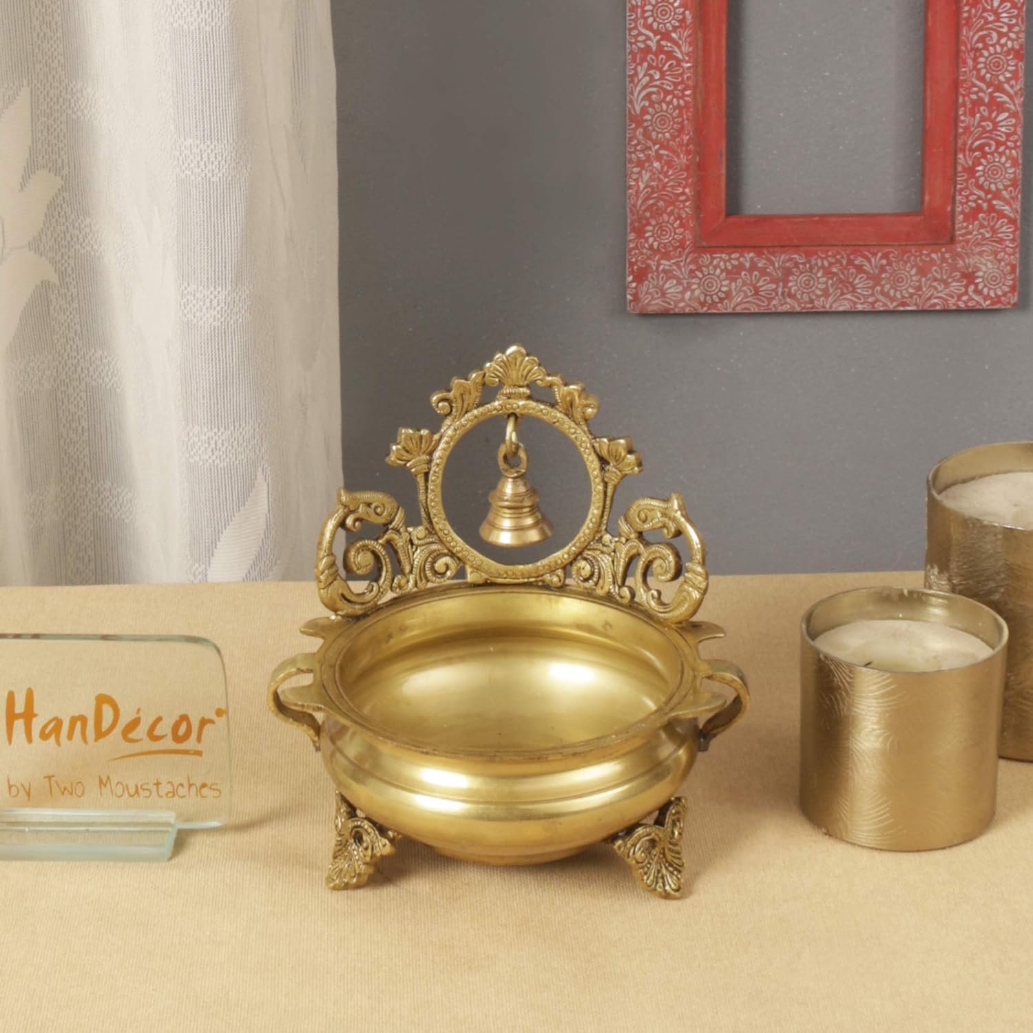 Two Moustaches Ethnic Indian Carved 7 Inches Brass Decor Urli Bowl with Bell, Brass Urli for Flowers, Urli Bowl for Home Decor, Brass Urli Decor Bowl, Weight - 1.6 Kg, Standard, Pack of 1 - Image 6