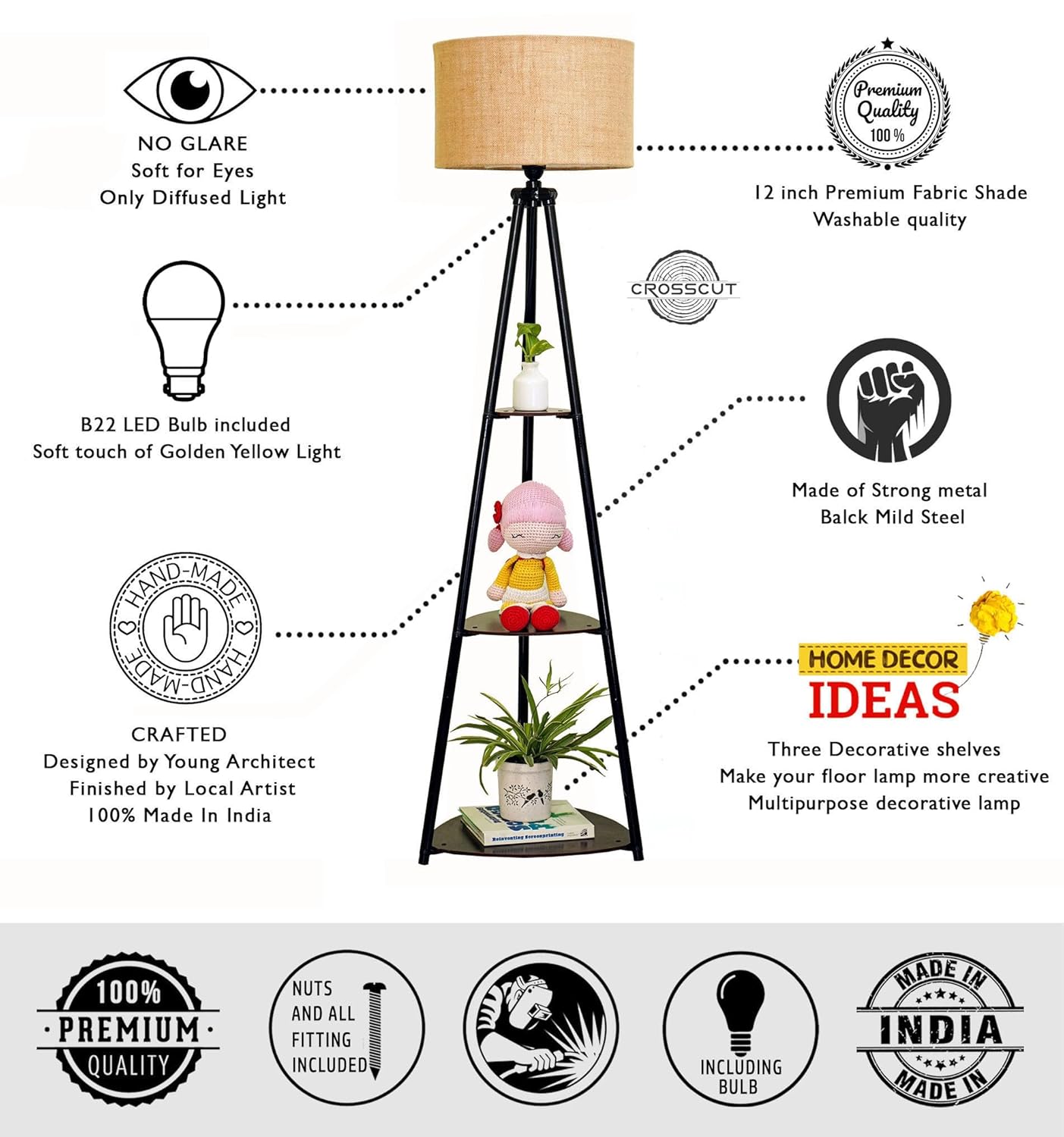 Crosscut Furniture LED Tripod Floor Lamp with 3 Shelves, Brown Jute, Metal Corner Floor Lamp, for Decoration and Gifting - Image 4