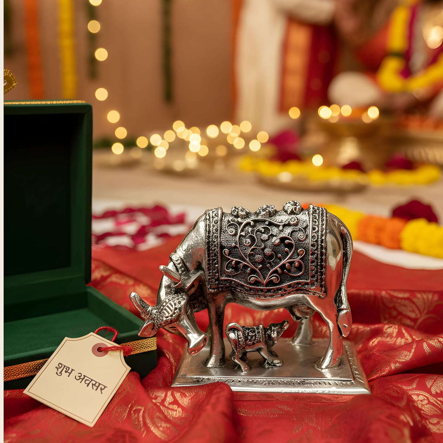 999 Pure Silver Plated Kamdhenu Cow Idol | 4 Inch Vastu Home Decor | Symbol of Prosperity & Abundance | Auspicious Religious Gift for Pooja Room & Mandir - Image 5