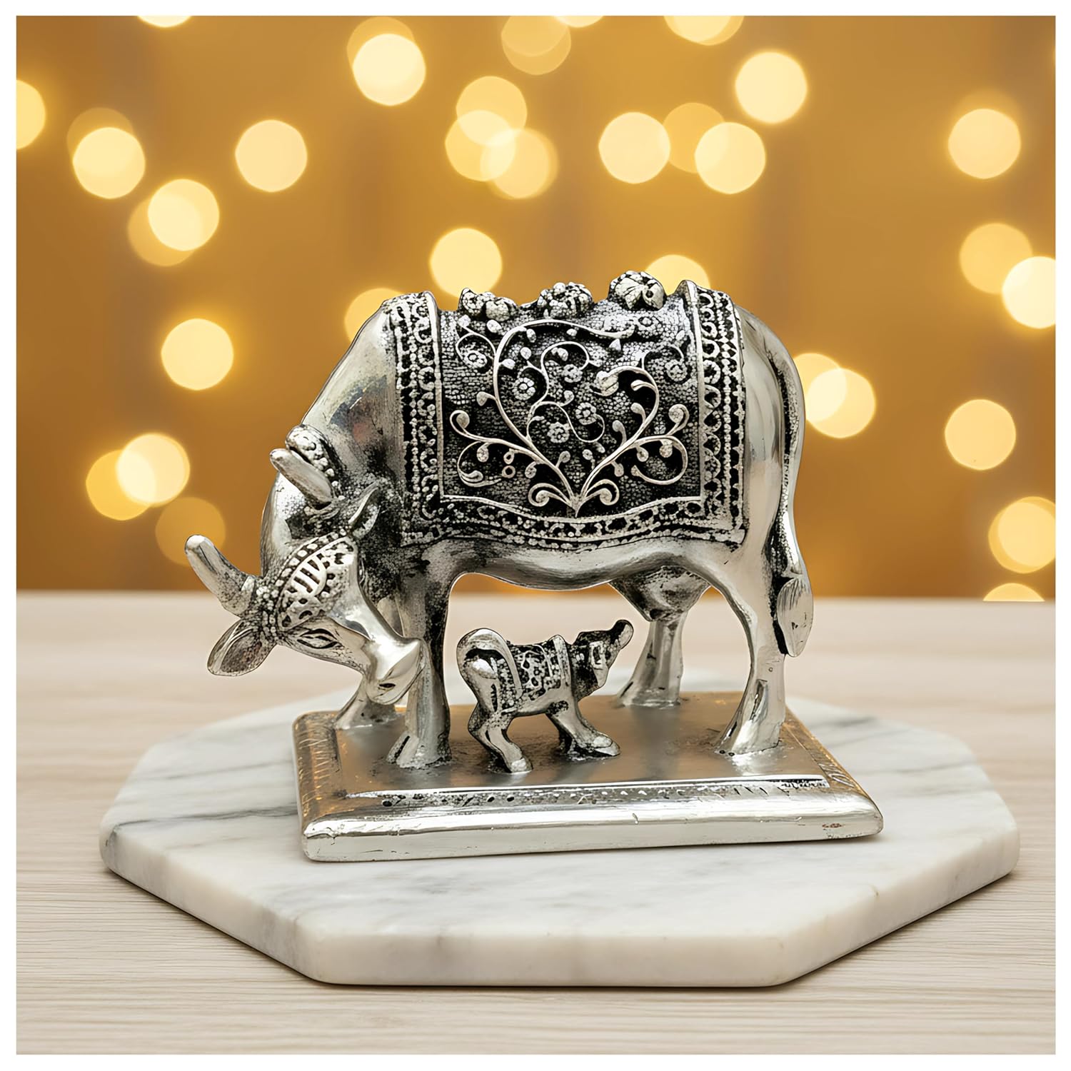 999 Pure Silver Plated Kamdhenu Cow Idol | 4 Inch Vastu Home Decor | Symbol of Prosperity & Abundance | Auspicious Religious Gift for Pooja Room & Mandir - Image 2