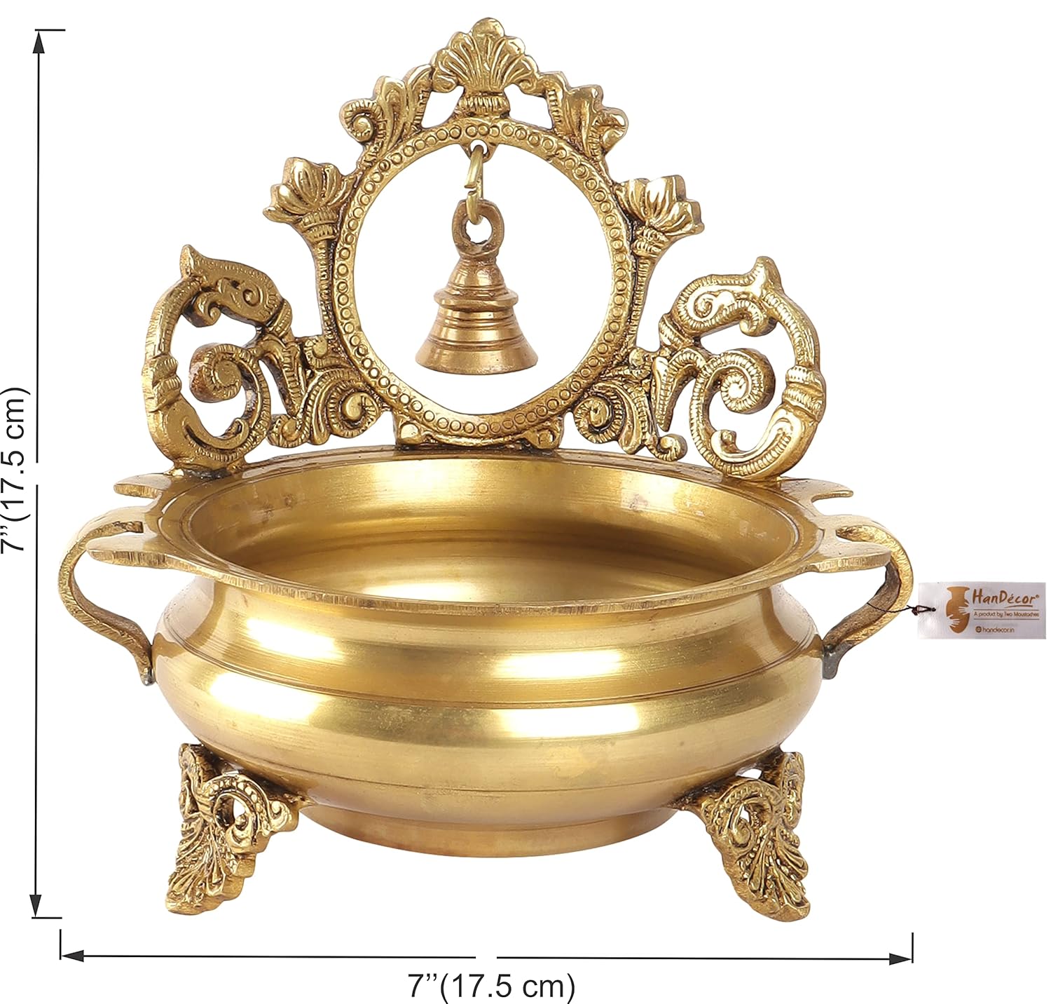 Two Moustaches Ethnic Indian Carved 7 Inches Brass Decor Urli Bowl with Bell, Brass Urli for Flowers, Urli Bowl for Home Decor, Brass Urli Decor Bowl, Weight - 1.6 Kg, Standard, Pack of 1 - Image 4